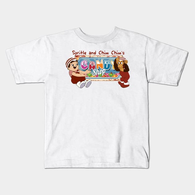 Spritle and Chim Chim's Candy Shop Kids T-Shirt by DistractedGeek